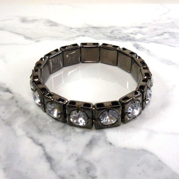 Dark Silver Linked Square Bangle with Large Rhinestones – 8" Statement Piece - Picture 1 of 3